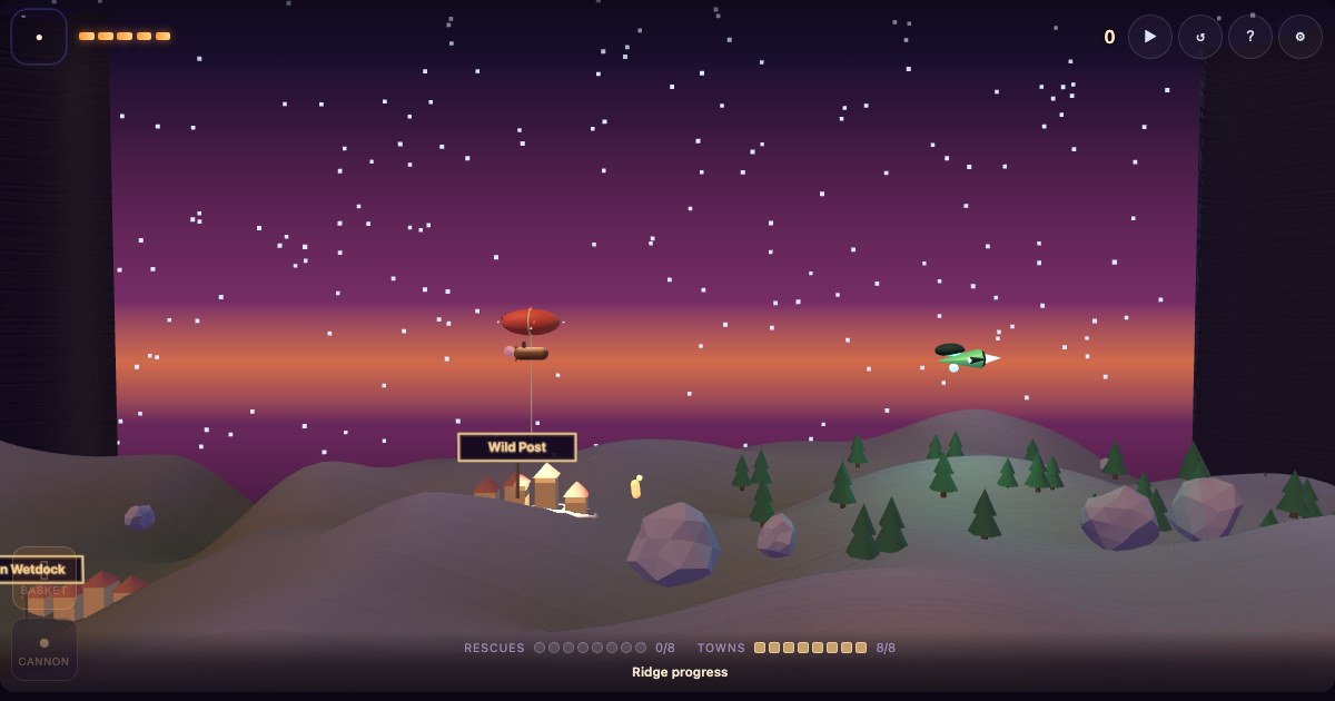The airship hovers over the town of Wild Post with its lantern basket lowered on a long rope, almost touching the ground. A survivor waits beside the houses, and a skiff approaches from the right.