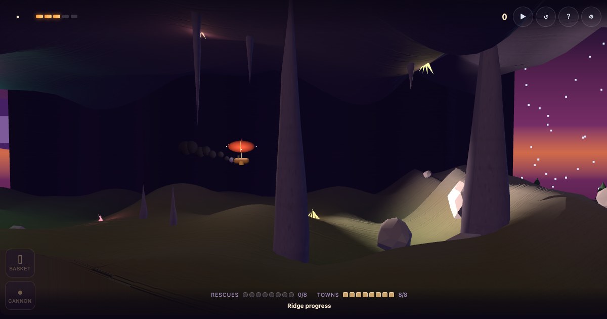 Inside a cave. Stalactites hang from the roof and spires rise from the floor, crystals glow yellow and pink in the dark, the airship burns orange in the middle of it, and the sunset shows through the mouth of the tunnel on the right.