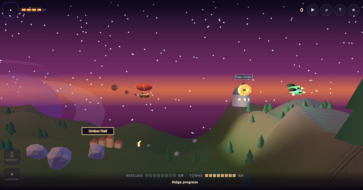 A shot lands: a bright orange bloom over the ridge beside a lit observatory called the Copper Astrolabe, with a Concordance skiff still coming on behind it.